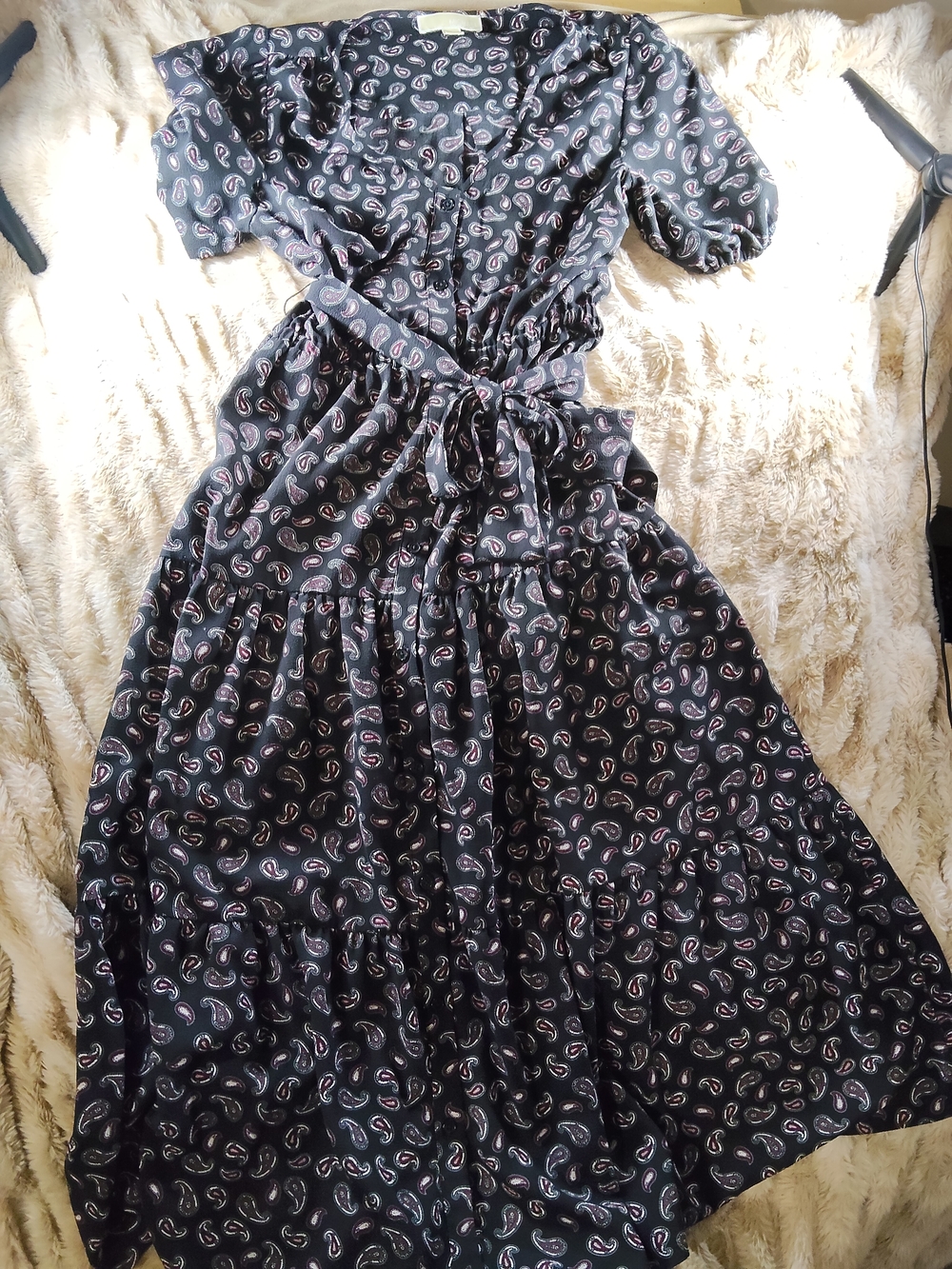Women’s Black Paisley Tie-Waist Midi Dress